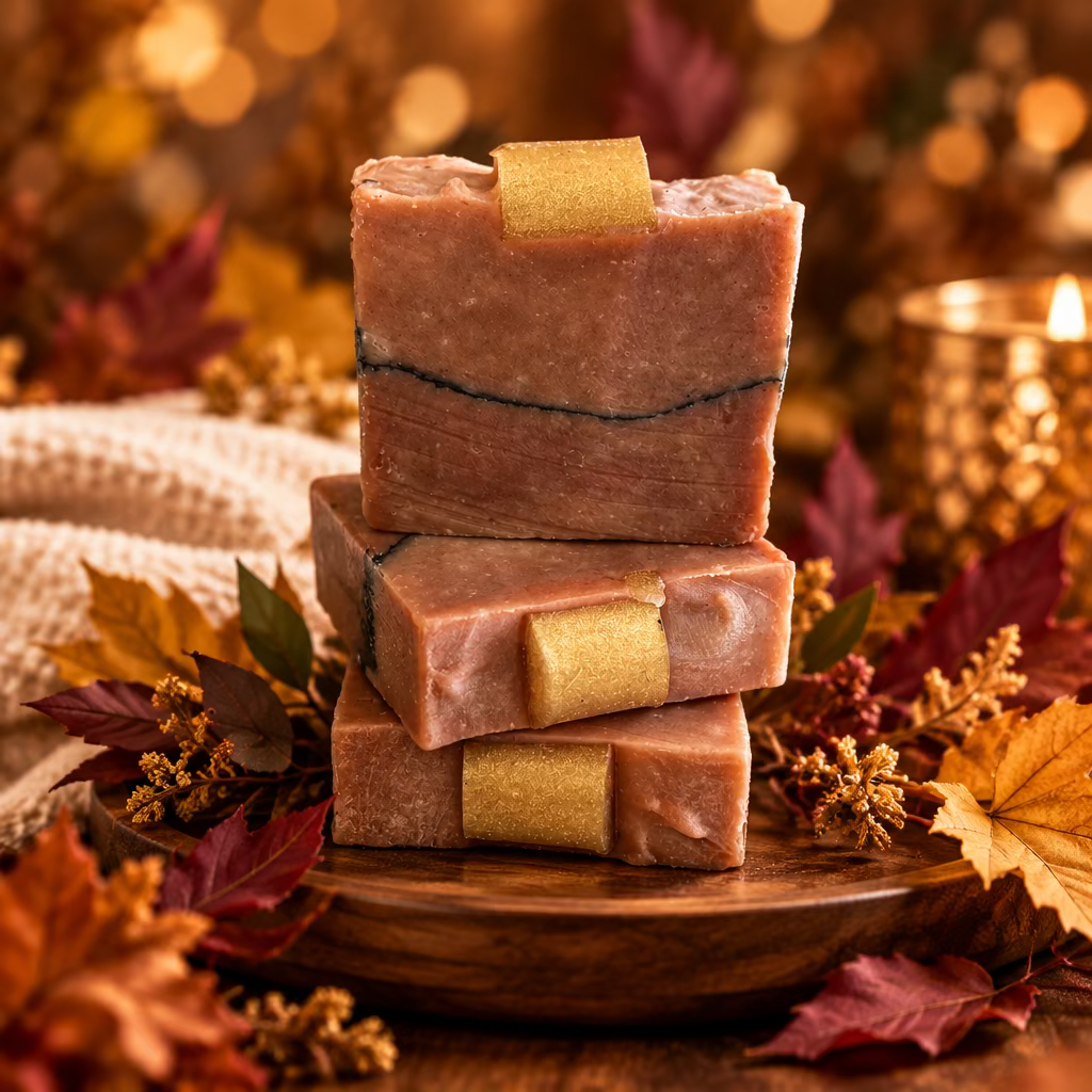 Three stacked rectangular bars of handmade soap in a dusty rose-brown color, each with a small gold-colored square accent embedded near the top, set against a plain white background.